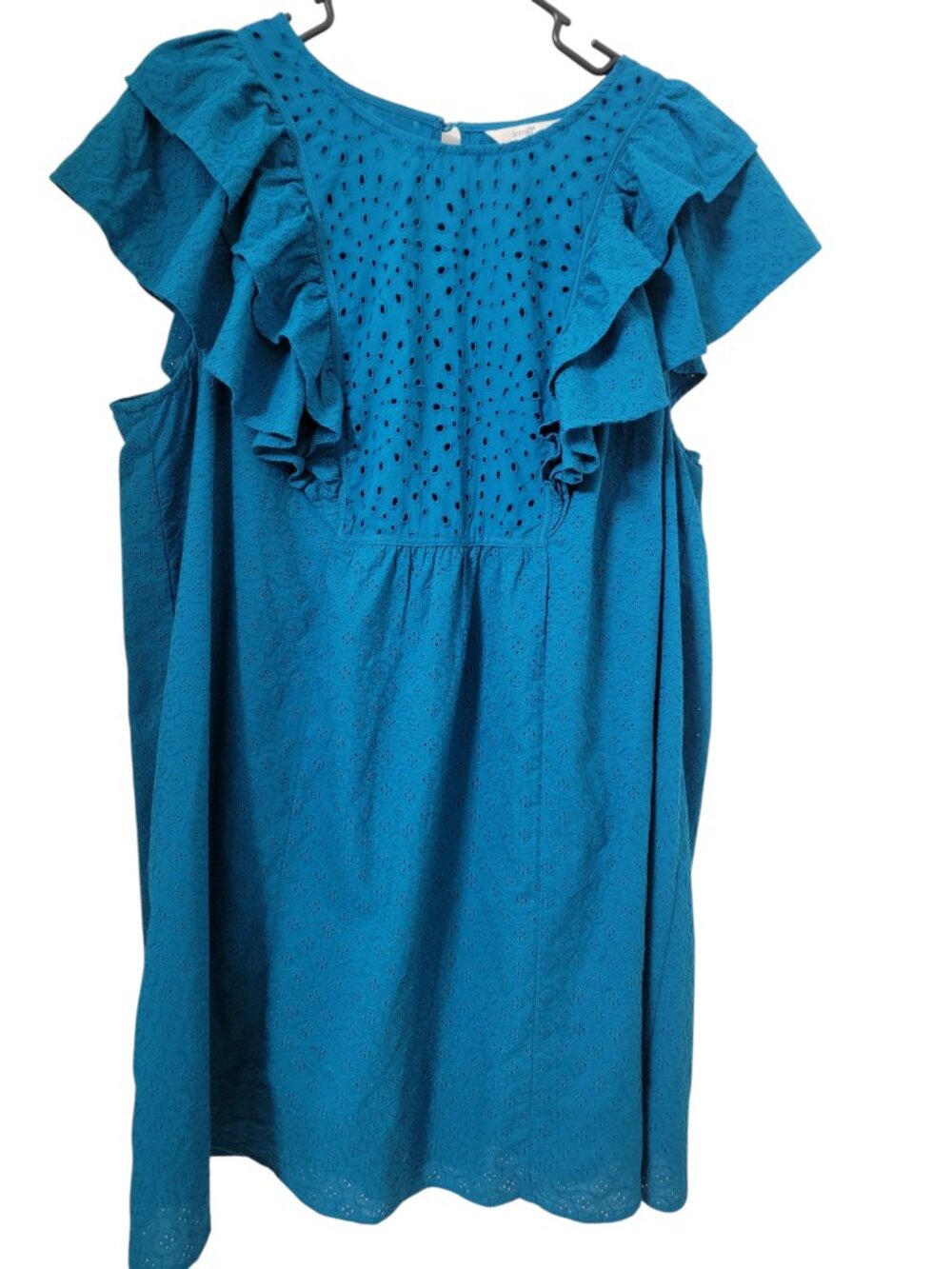 Terra & Sky Size 1X (16W-18W) Bright Deep Teal Blue Woven Eyelet Babydoll Dress
